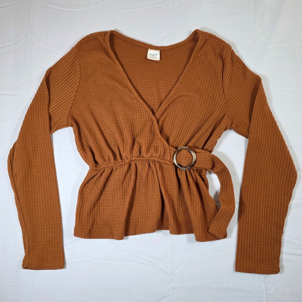 Passport Womens Rust Brown Waffle Knit Faux Wrap Peplum Top Ring Belt Small